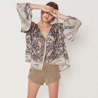 Loose Printed Blouse Bohemian Long Sleeve V-Neck Blouse