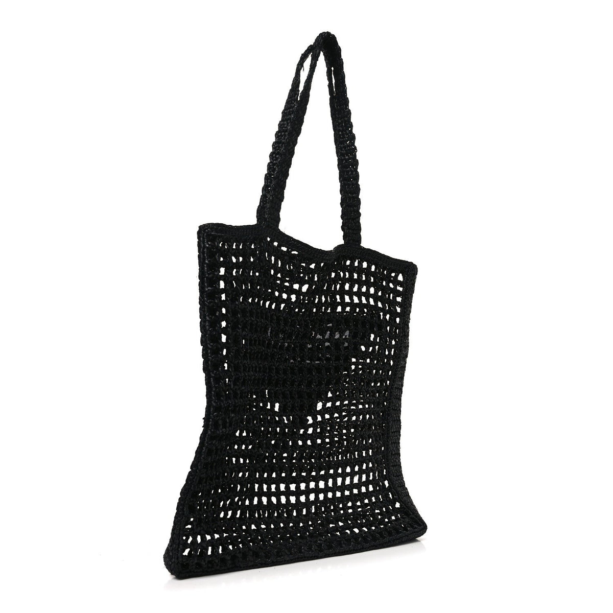 Yarn Raffia Effect Crochet Logo Embroidered Tote Bag Black