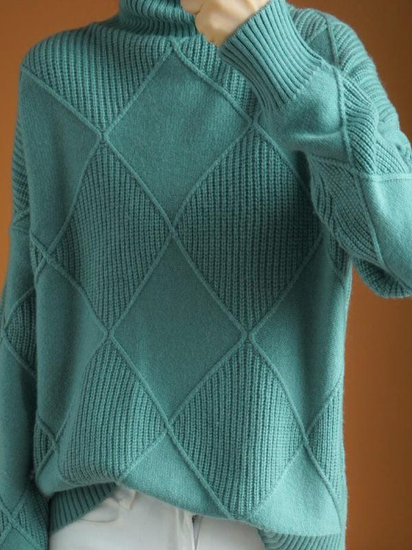 Loose Jacquard Solid Color High-Neck Sweater Tops