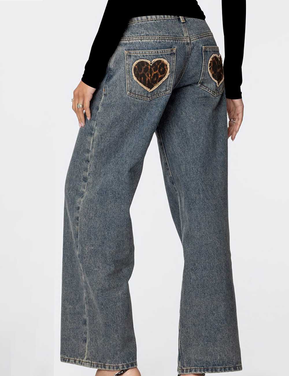 Vintage Heart Leopard Print Straight Leg Jeans