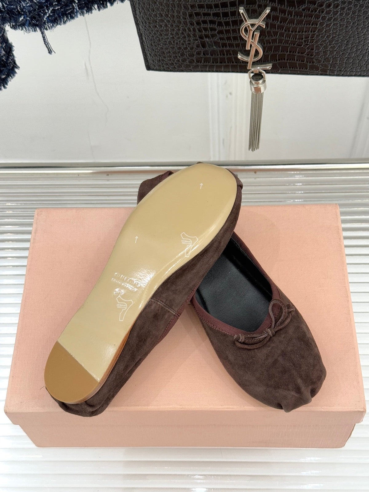 Miu Classic Bow Letter Ballet Flat Dark Brown Suede