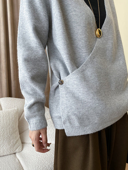 Long Sleeves Loose Asymmetric Buttoned V-Neck Cardigan Tops