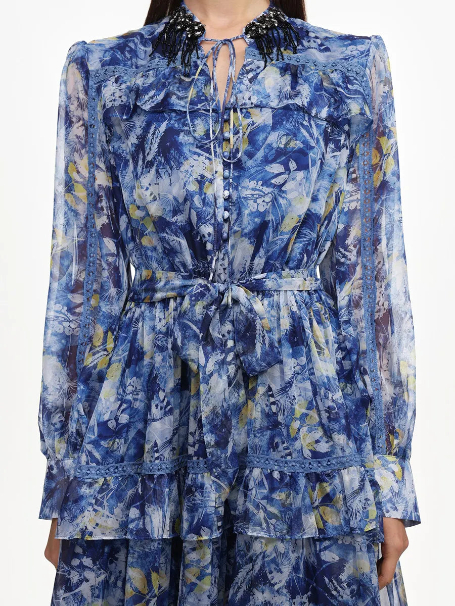 Hazel Flowy Long Sleeve Ruffle Floral Print Maxi Dress
