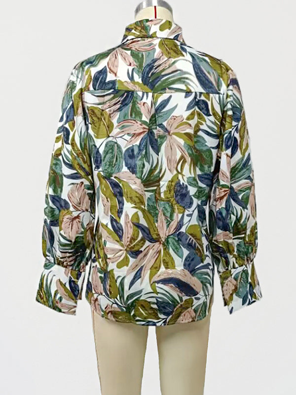 Loose Wrap Contrast Color Leaves Print Blouses&Shirts Tops
