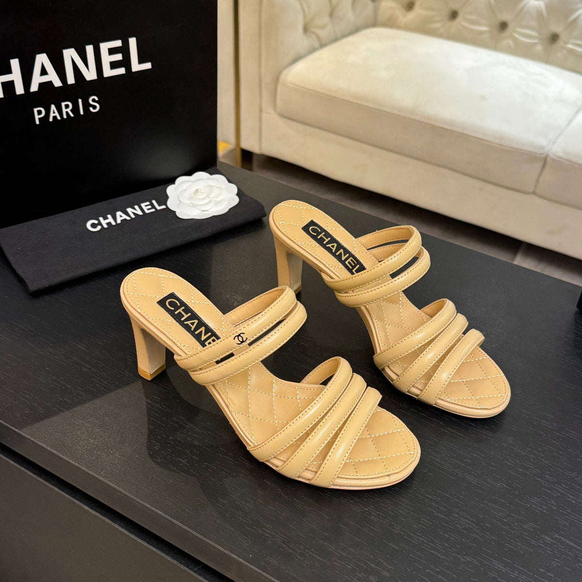 CC 26C Double C Strap Sandals Beige Sheepskin