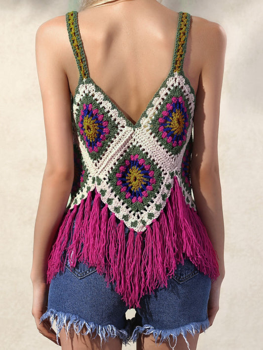 Hand-Knitted Knitted Vest Hit Color Hook Flower Tassel Vest Female