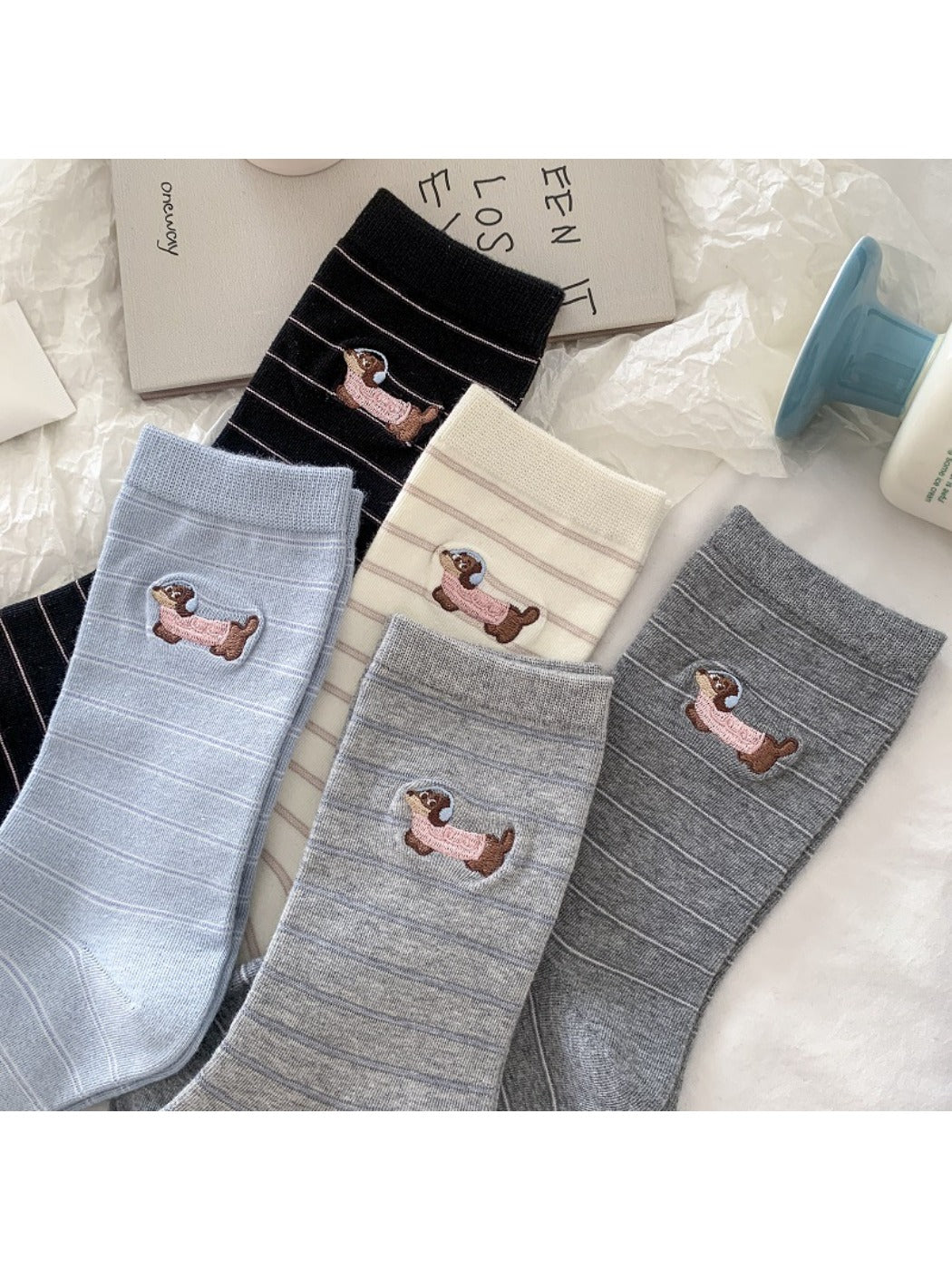 Rufia - Cute Dog Embroidered Mid-calf Socks