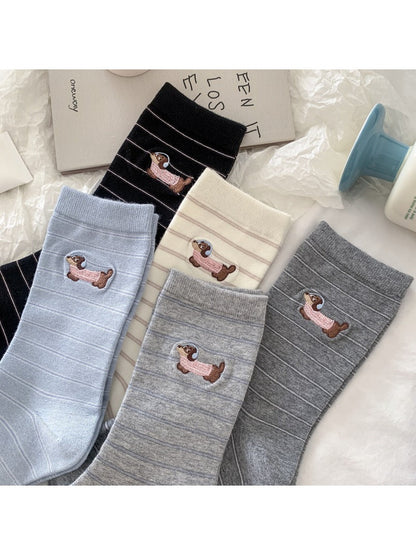 Rufia - Cute Dog Embroidered Mid-calf Socks