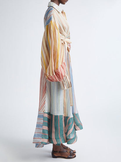 Serenity Asymmetric Stripe Long Sleeve Linen & Silk Shirtdress