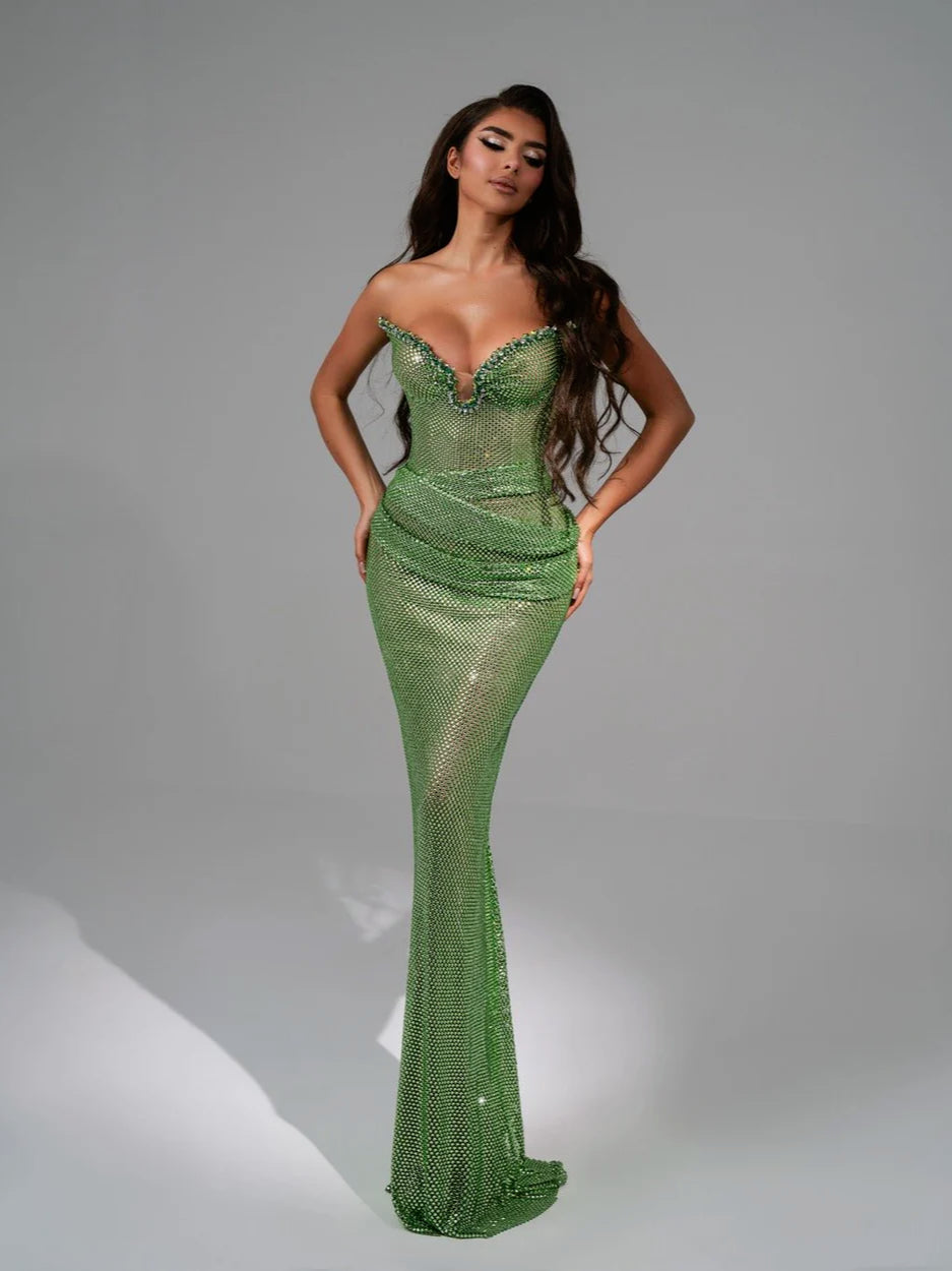 Strapless Crystal Bustier Sparkly Maxi Dress Green