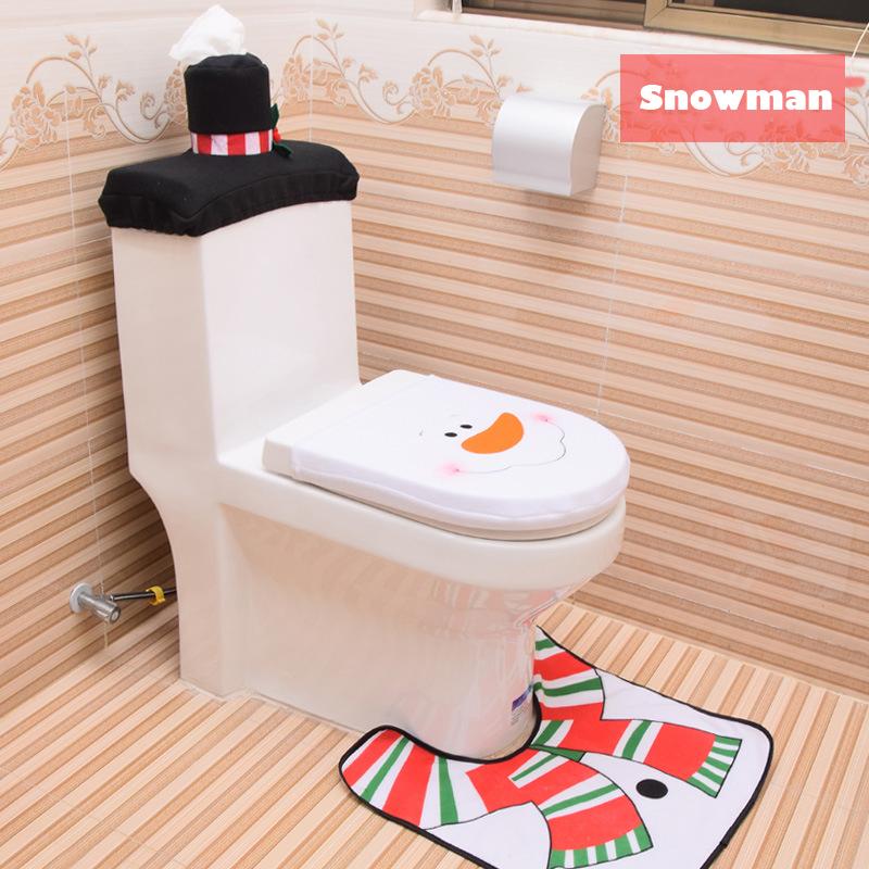 3-Piece Snowman Santa Toilet Seat Cover And Rug Set Christmas Decorations