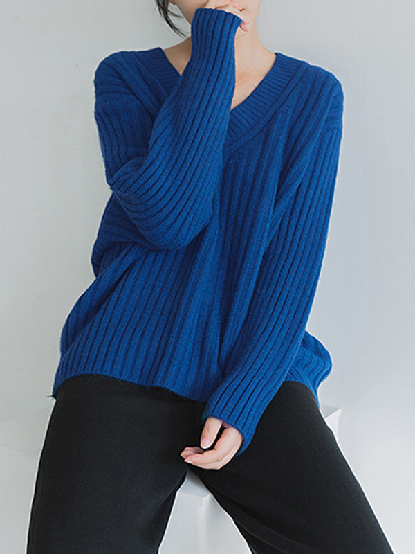 Casual Loose Solid Color V-Neck Sweater Tops