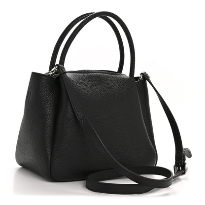 Vitello Daino Soft Small Zippered Top Handle Bag Black
