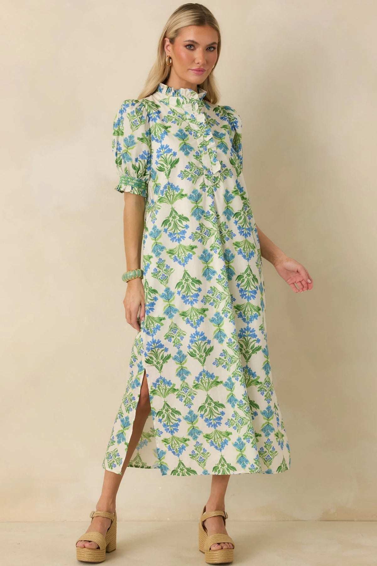 Fresh Fields Ivory Multi Cotton Floral Print Ruffle Neck Maxi Dress