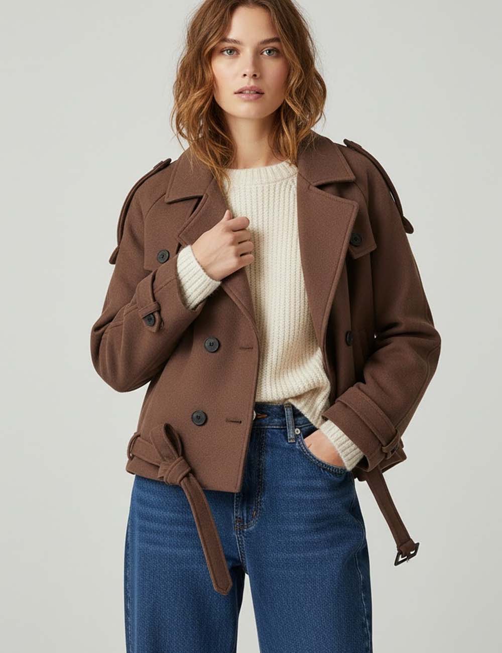 Winter Notch Collar Crop Pea Trench Coat