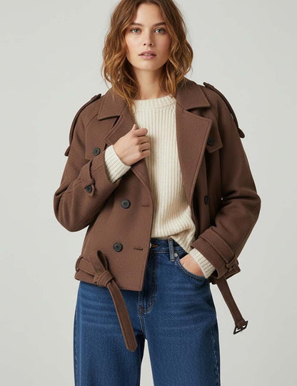Winter Notch Collar Crop Pea Trench Coat