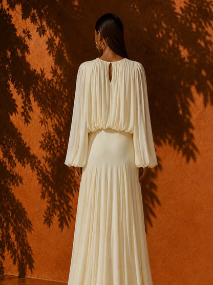 Keira Crew Neck Pleated Long-Sleeve Maxi Dress