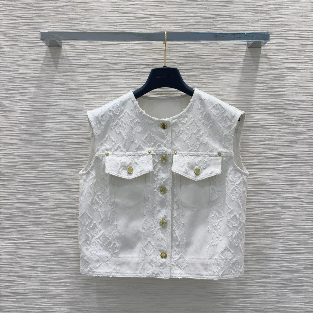 LV 25S Monograw Jacquard Fabric Vest Jacket White Cotton