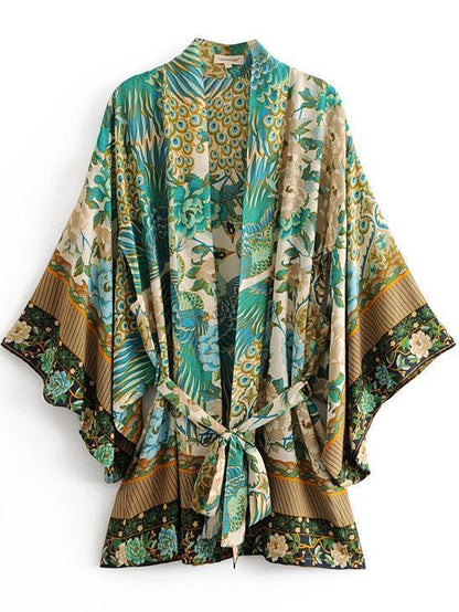 Bohemian Print Retro Loose Sleeves Tie Cardigan Kimono Sun Protection Shirt