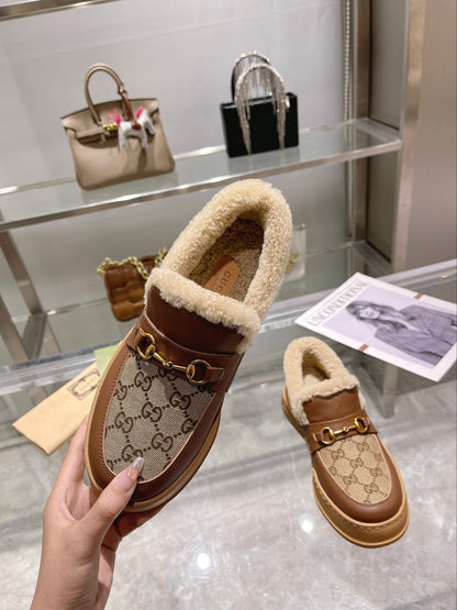GG Snow Boots Brown Calfskin Denim Wool 576249
