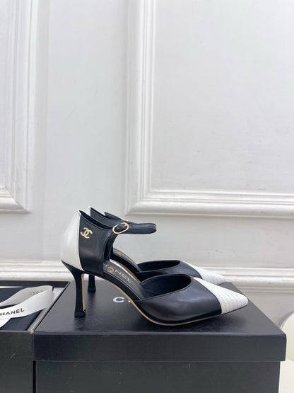 CC 26 SS Double C Slingback 7.5cm White Black Calfskin 586934