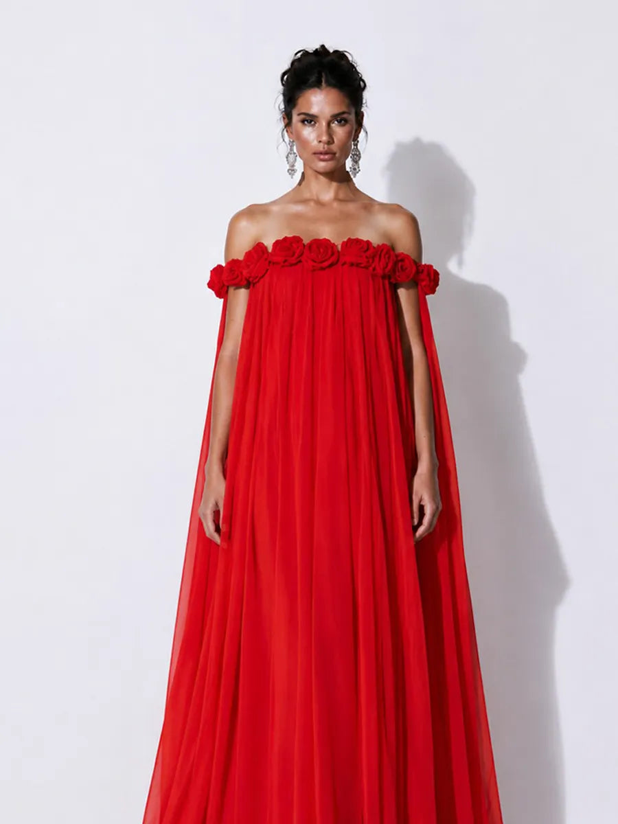 Grace 3D Floral Pleated Off-Shoulder Maxi Dress