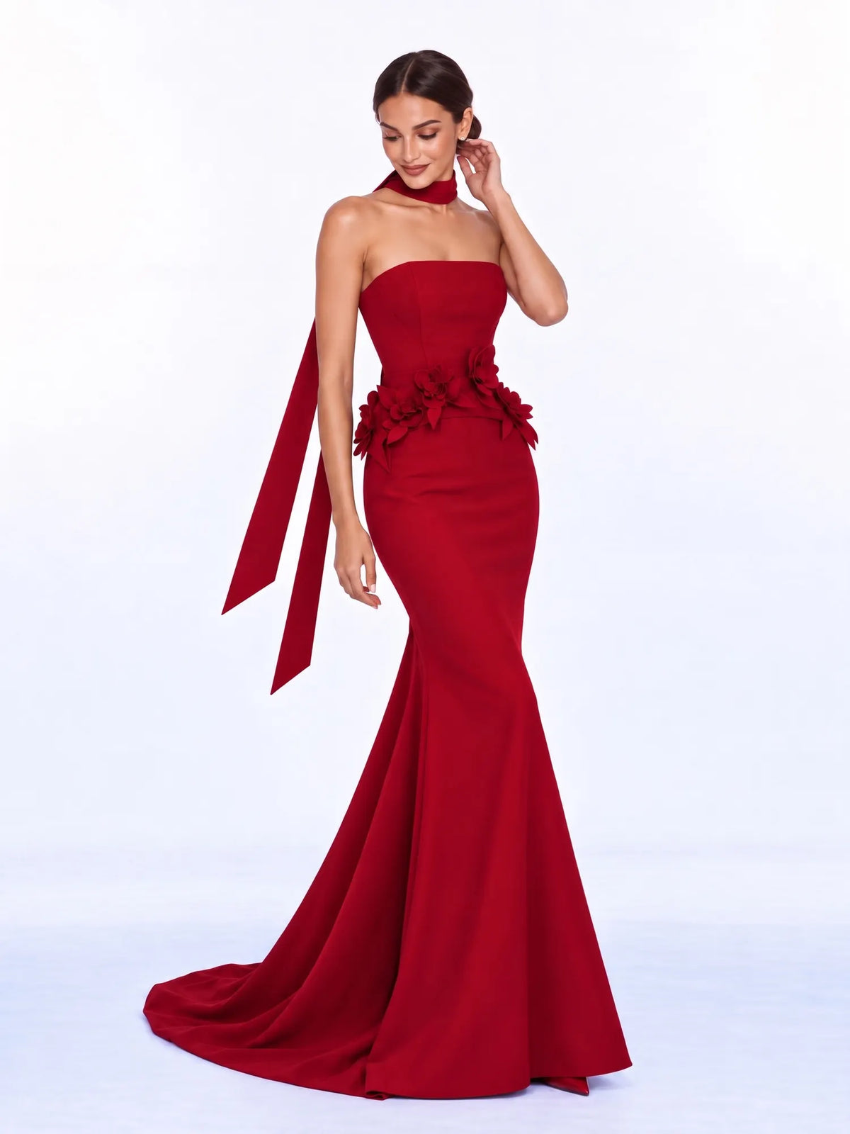 Raquel Elegant Strapless Maxi Dress with 3D Floral Details