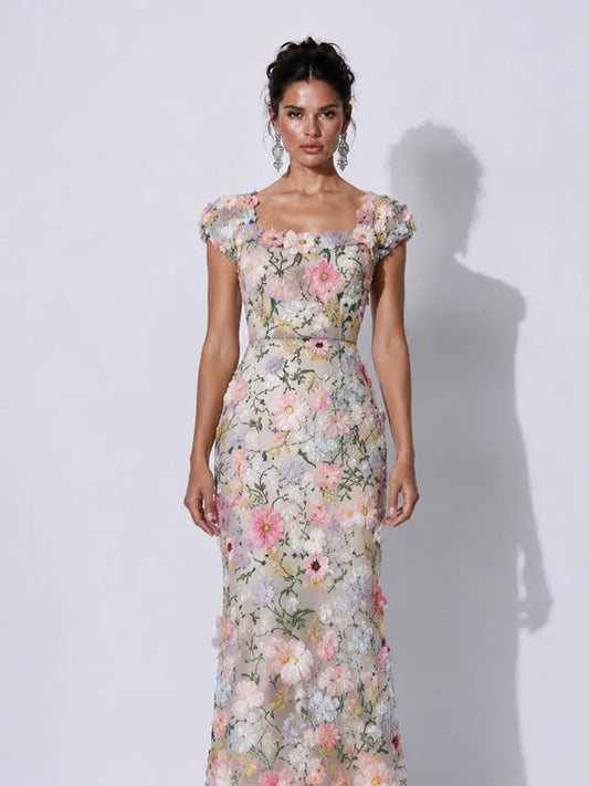 Genevieve Embroidered Appliqué Sleeveless Midi Dress