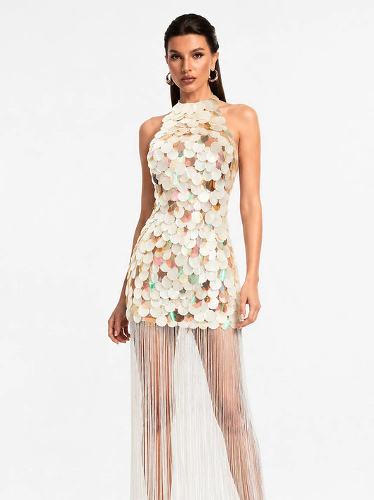 Nora Sleeveless Sequin Fringe Maxi Dress