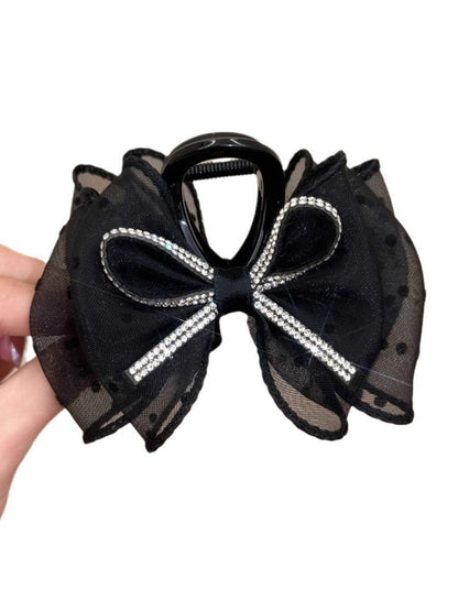 Clio - Dark-Tone Tulle Polka Dot Bow Hair Claw