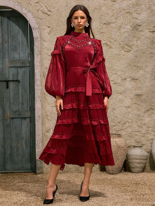 Mariella Ballon Sleeve Ruffle Tiered Midi Dress