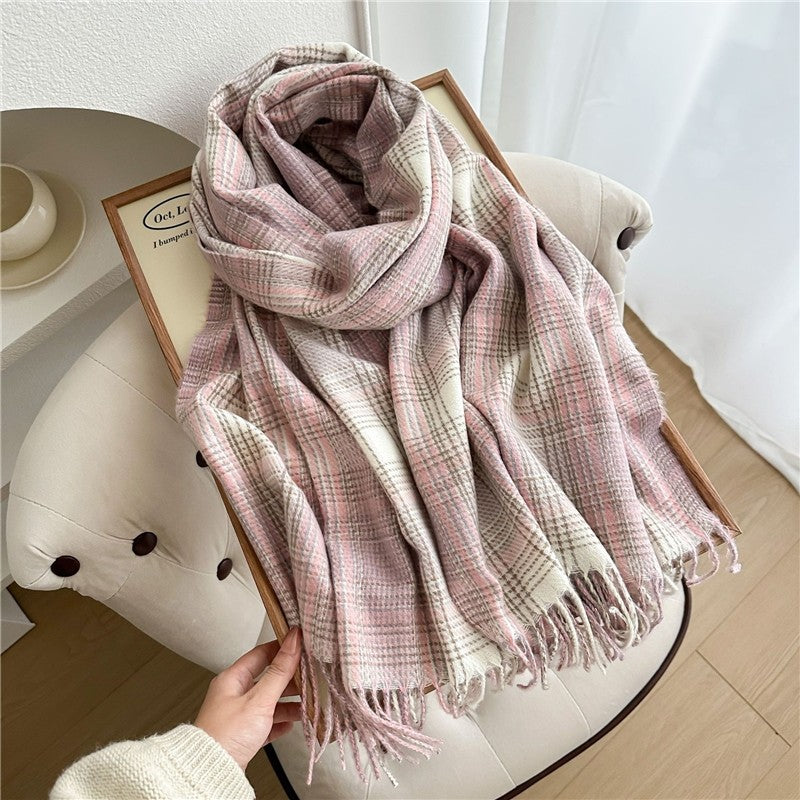 Color Block Plaid Fringe Scarf