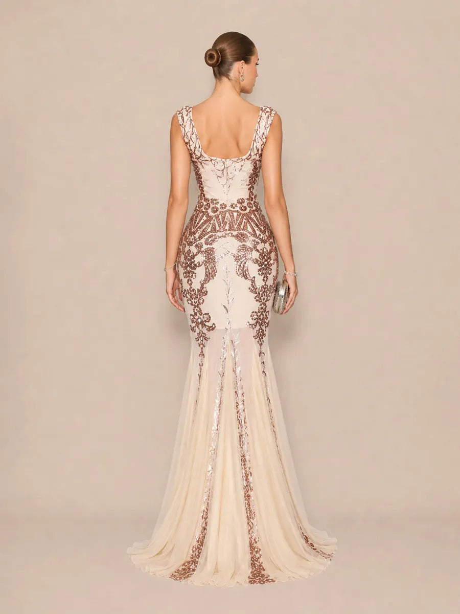Alora Glamorous Contour V Neck Sequin Pattern Maxi Dress