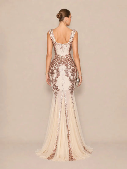 Alora Glamorous Contour V Neck Sequin Pattern Maxi Dress