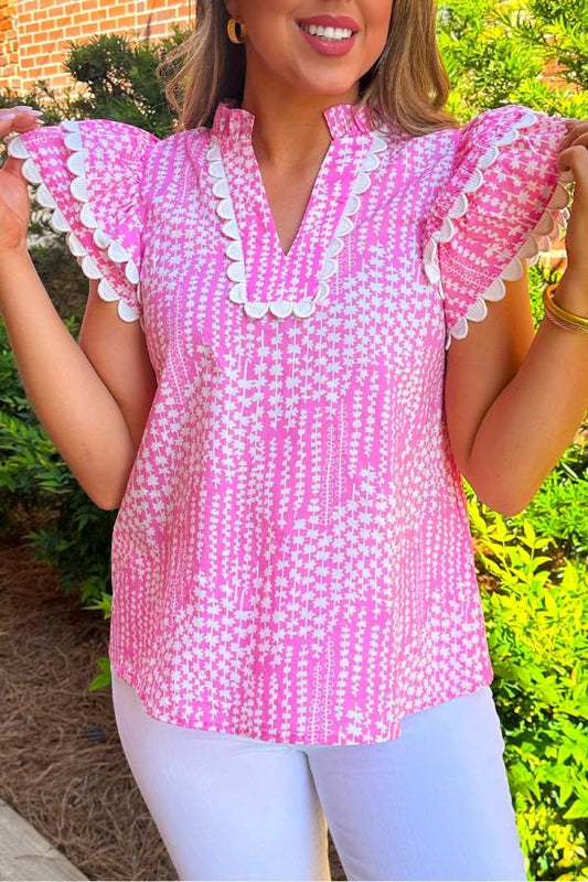 Pink Abstract Print Ric Rac Trim Flutter Sleeve Notch V Neck Blouse