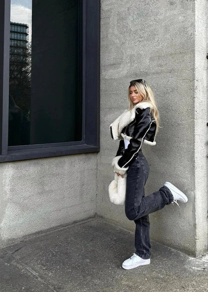 Double Sided Leather Jacket With Sherpa Trim