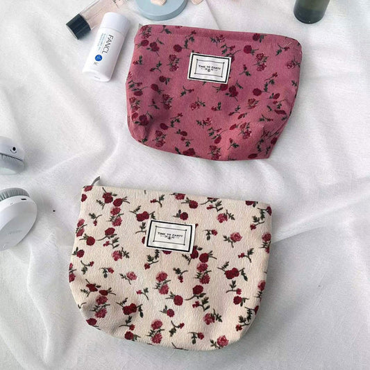Cosbai - Rose Pattern Corduroy Makeup Bag