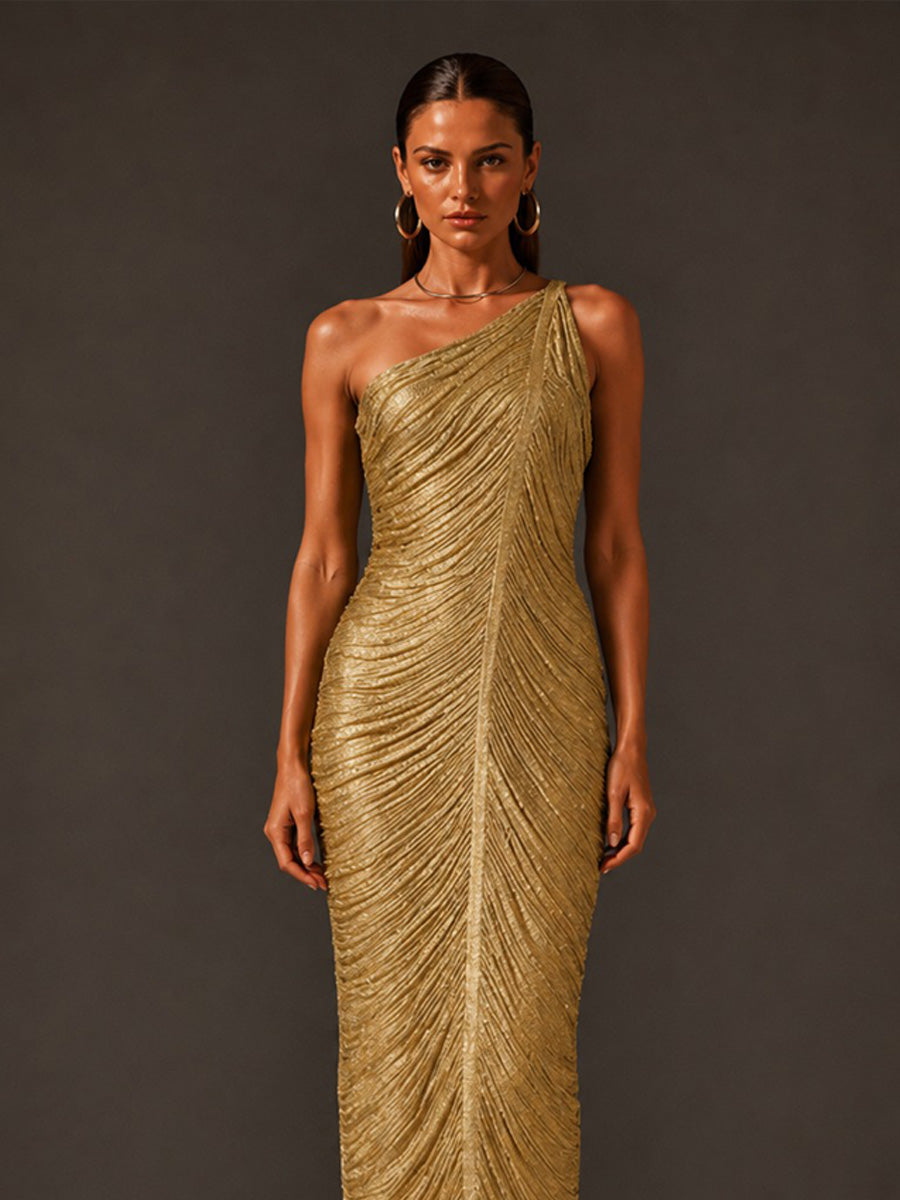 Luna One-Shoulder Tasseled Bandage Maxi Dress In Gold