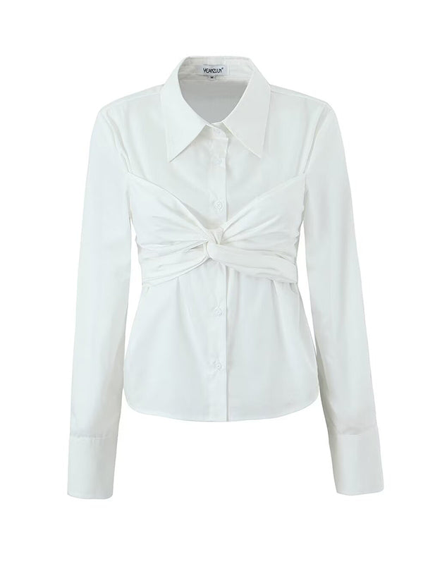Solid Color Bowknot Buttoned All-Match Long Sleeves Lapel Collar Blouses