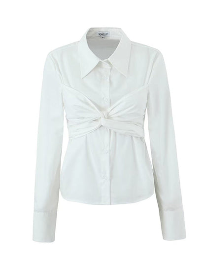 Solid Color Bowknot Buttoned All-Match Long Sleeves Lapel Collar Blouses