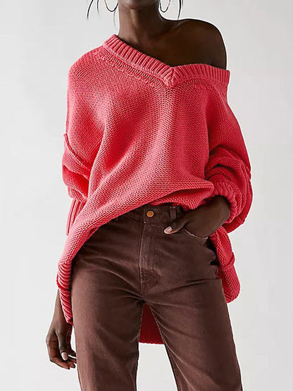 Long Sleeves Loose Solid Color Velvet V-Neck Pullovers Sweater Tops