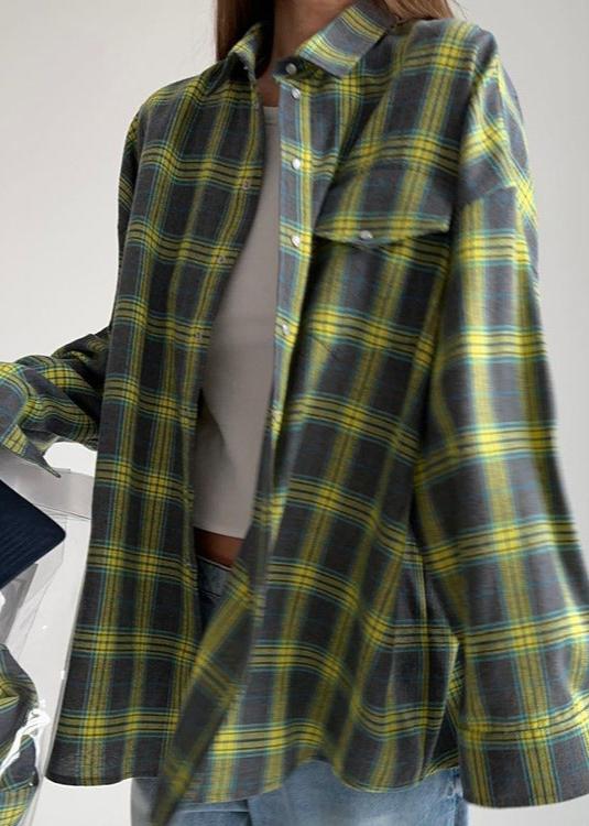 Loose Plaid Cotton Shirt With Lapels And Pocket