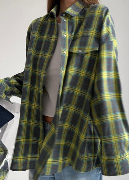Loose Plaid Cotton Shirt With Lapels And Pocket