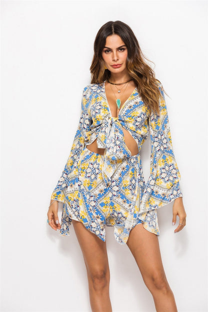 Casual Beach Holiday Print V-Neck Jumpsuit