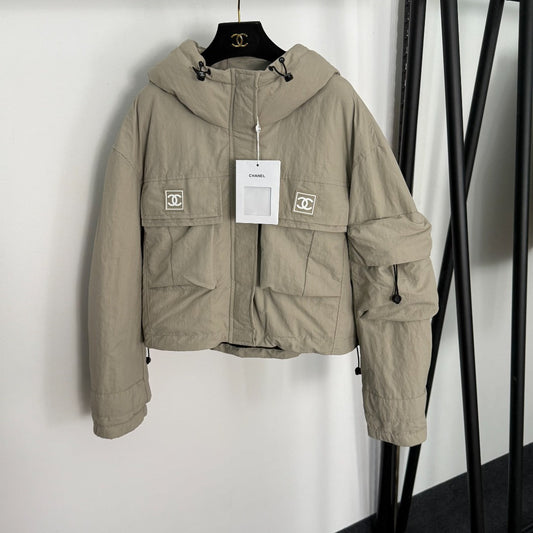 CC Chanel Style Rubber Logo Work Pocket Long Sleeve Hooded Cotton Jacket