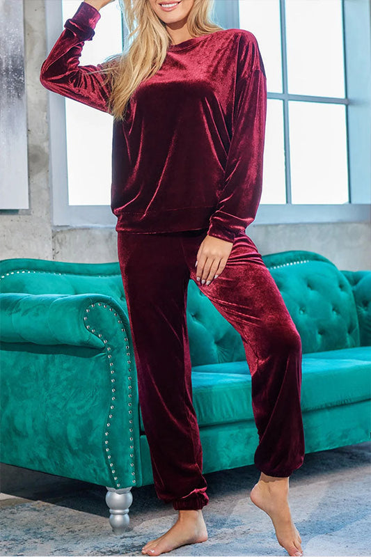 Red Solid Velvet Round Neck Top \u0026 Drawstring Pants Longe Set