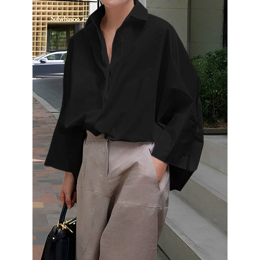 Long Sleeves Loose Solid Color Lapel Collar Blouses&Shirts Tops