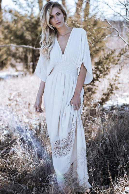 Bohemia V-Neck Stitching Lace Cover-Up Beach Dress