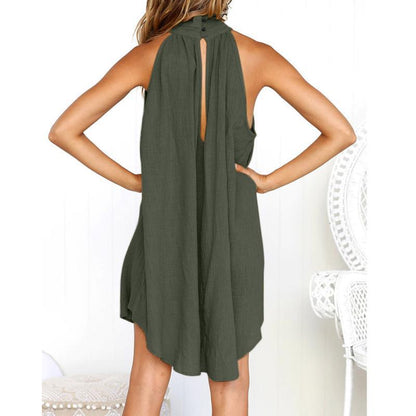 Summer Women'S Popular Round Neck Pleated Cotton Linen Vest Dress