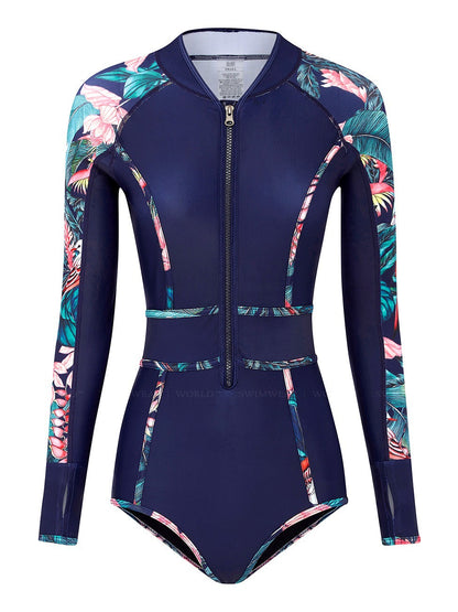 Long Sleeve Front Zipper Floral One-Piece Bikini Surfing Swimsuit Conservative Belly Slimming Women'S Swimsuit
